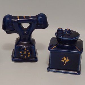 Vintage Lot of 2 ROC Enesco Cobalt Blue Ceramic Figurines  Phone & Grinder